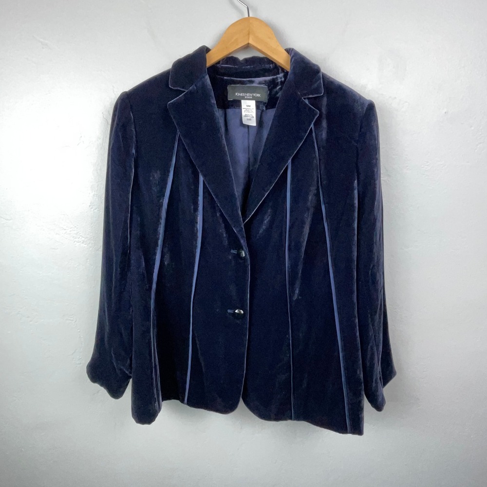 Jones New York Velour Blazer Women 18W Navy Blue Silk Blend Velvet Whimsigoth